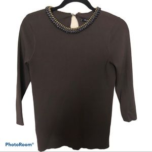 Zara knit olive sweater with beaded collar